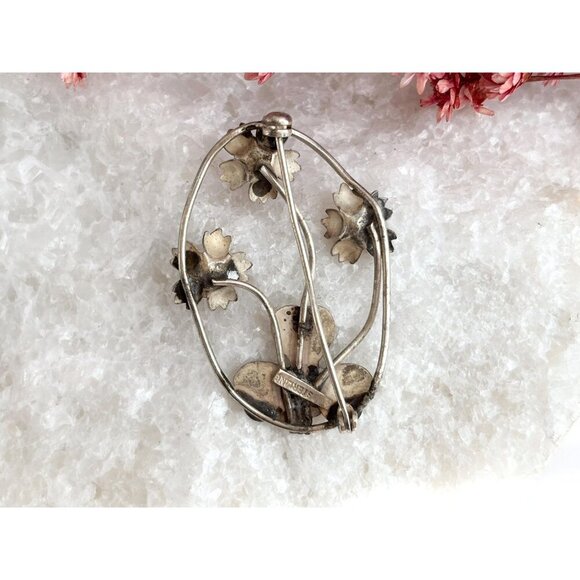 40's Vintage Art Nouveau Floral & Beaded Openwork Sterling Silver Foliage Brooch - Picture 10 of 10